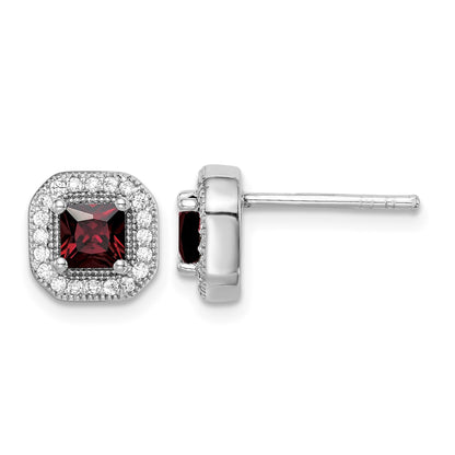 Sterling Silver Rhodium Plated Square Red CZ and Clear CZ Post Earrings