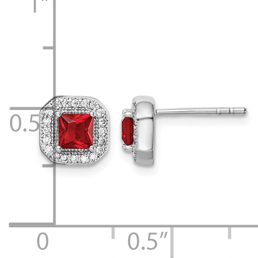 Sterling Silver Rhodium Plated Square Red CZ and Clear CZ Post Earrings