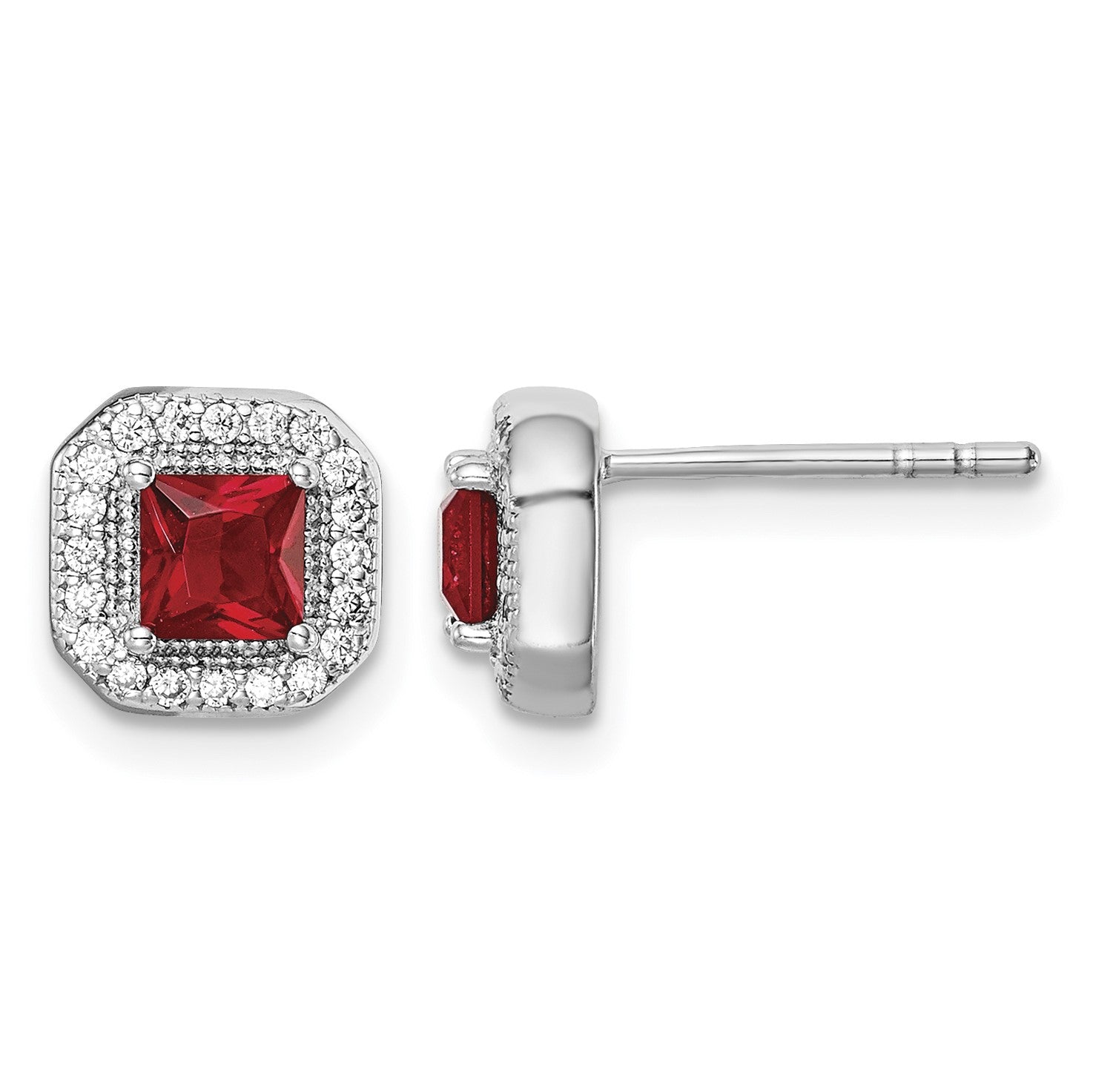 Sterling Silver Rhodium Plated Square Red CZ and Clear CZ Post Earrings