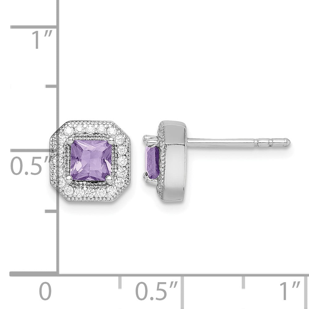 Sterling Silver Rhodium Plated Square Light Purple and Clear CZ Post Earrings