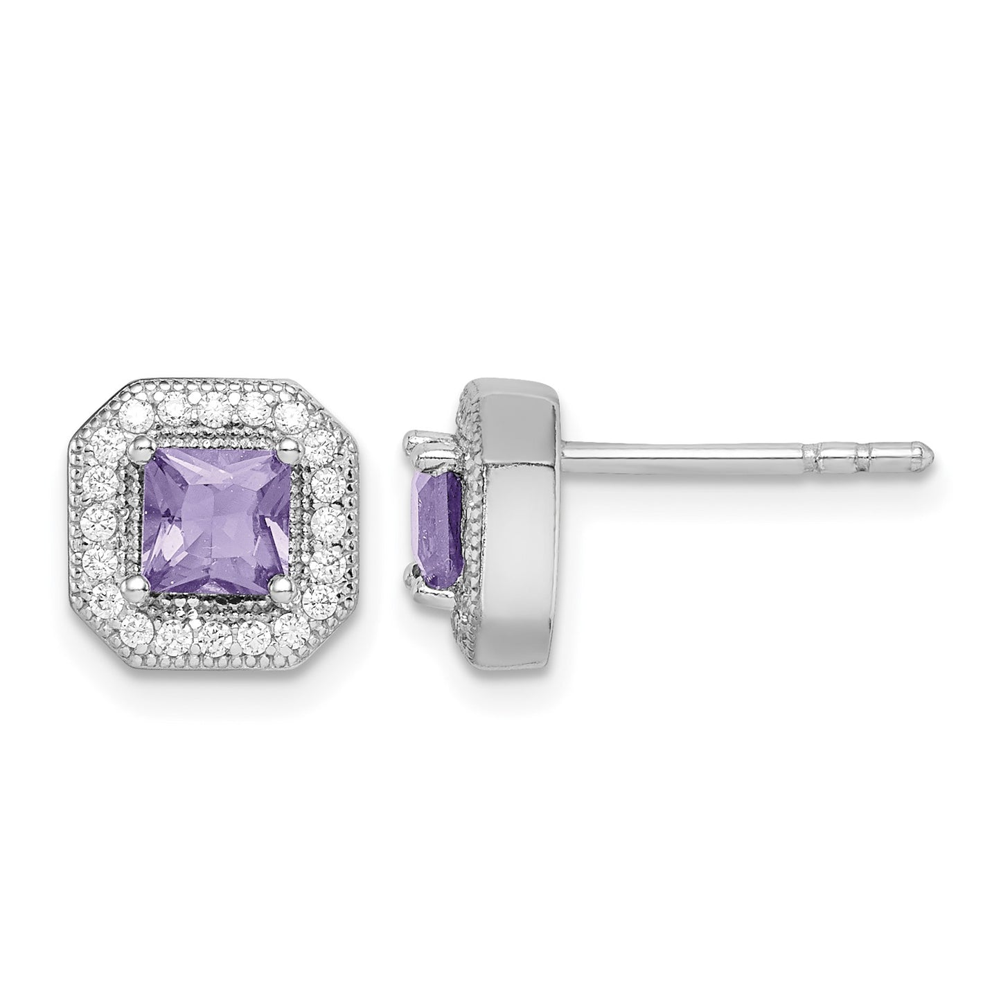 Sterling Silver Rhodium Plated Square Light Purple and Clear CZ Post Earrings