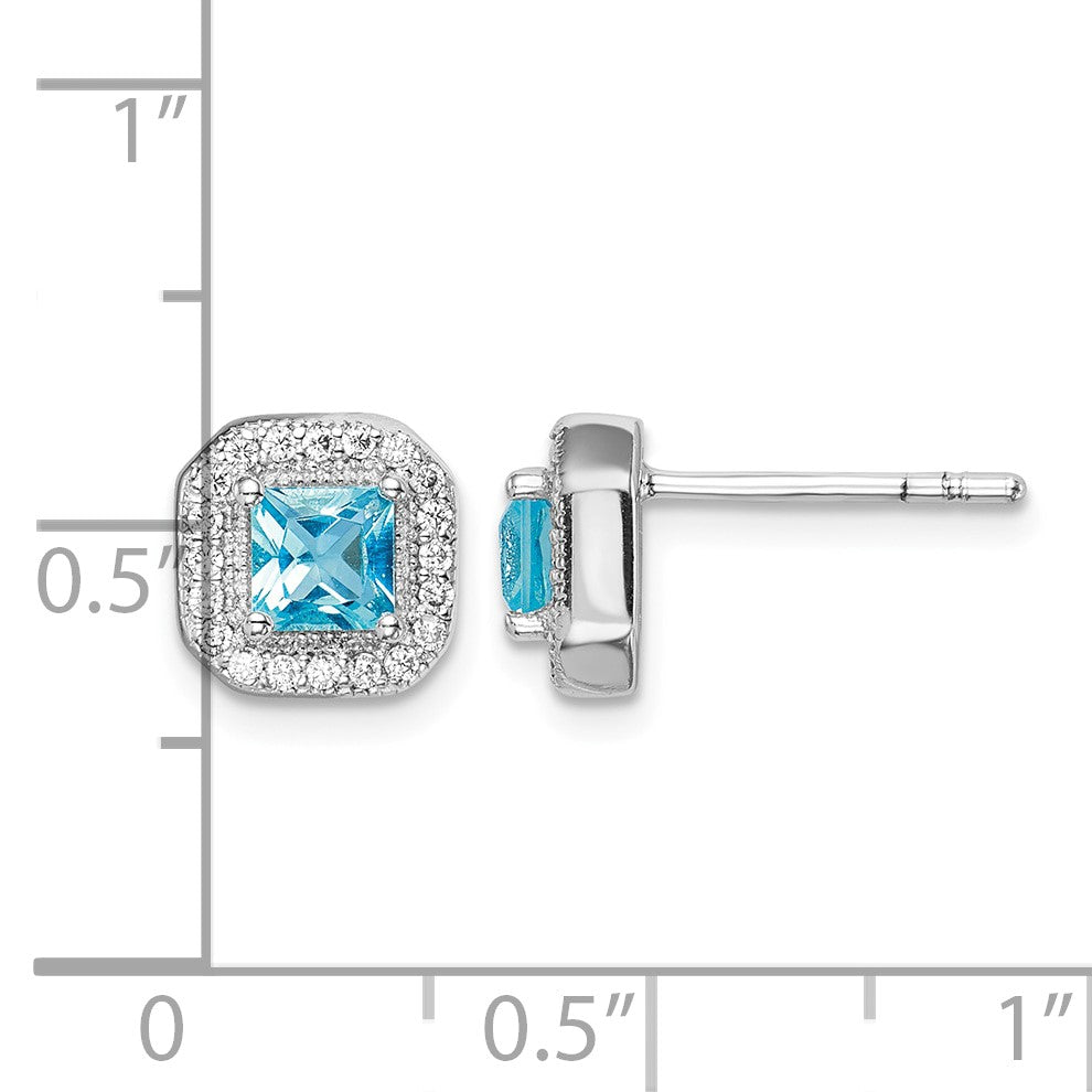Sterling Silver Rhodium Plated Square Light Blue and Clear CZ Post Earrings