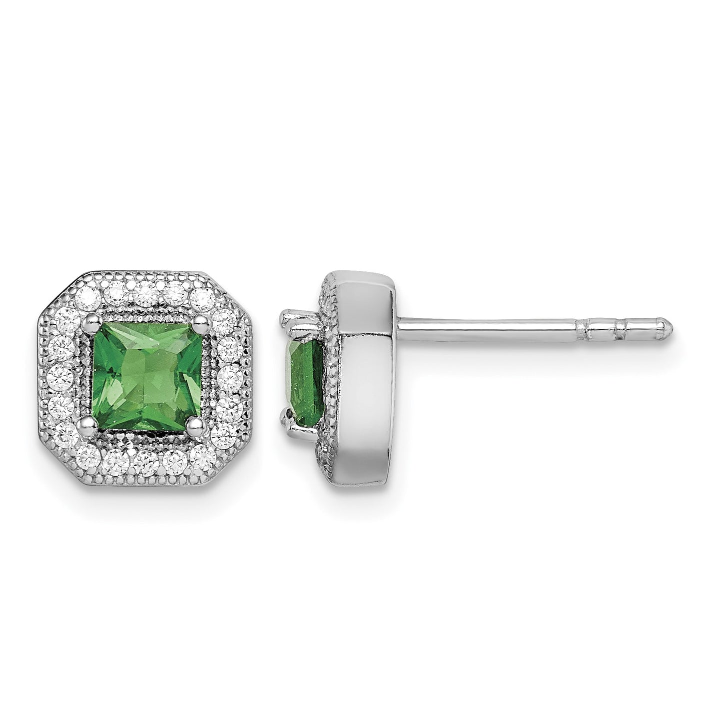 Sterling Silver Rhodium Plated Square Green and Clear CZ Post Earrings