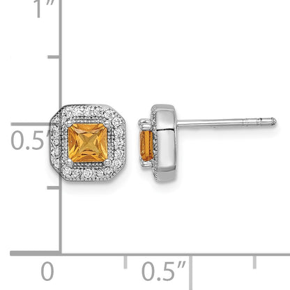 Sterling Silver Rhodium Plated Square Dark Yellow and Clear CZ Post Earrings