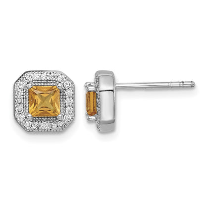 Sterling Silver Rhodium Plated Square Dark Yellow and Clear CZ Post Earrings