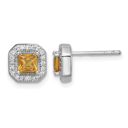 Sterling Silver Rhodium Plated Square Dark Yellow and Clear CZ Post Earrings