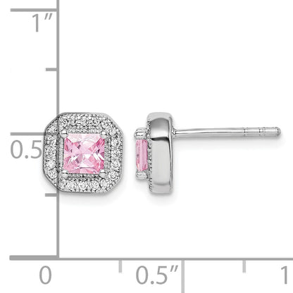 Sterling Silver Rhodium Plated Square Pink CZ and Clear CZ Post Earrings