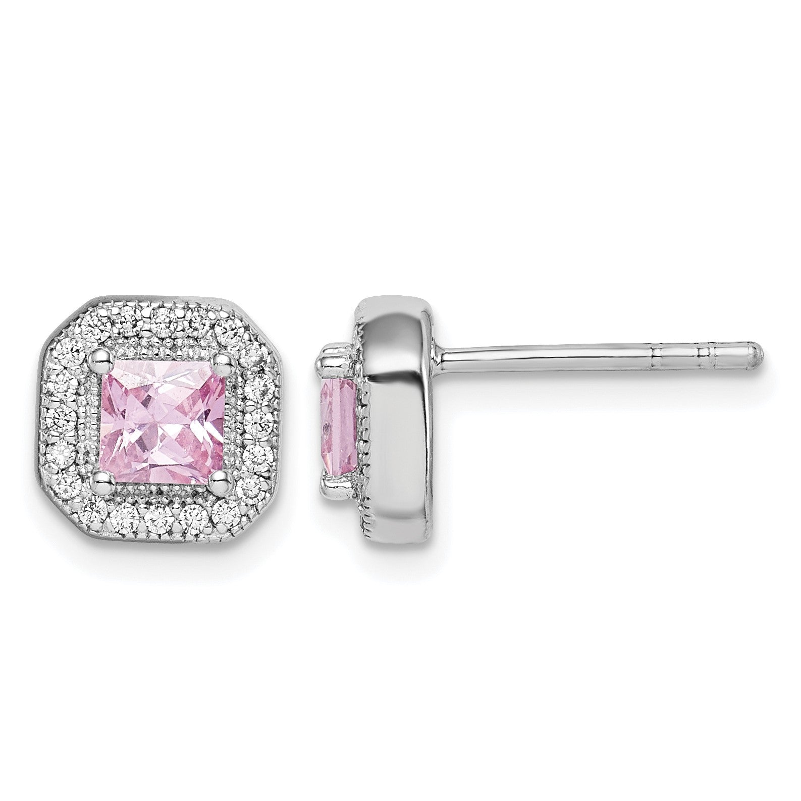 Sterling Silver Rhodium Plated Square Pink CZ and Clear CZ Post Earrings
