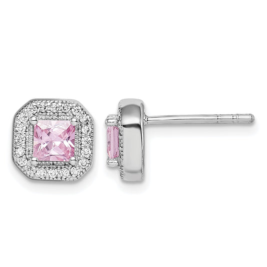 Sterling Silver Rhodium Plated Square Pink CZ and Clear CZ Post Earrings