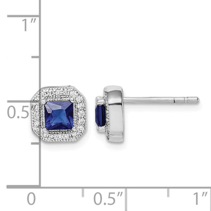 Sterling Silver Rhodium Plated Square Blue and Clear CZ Post Earrings