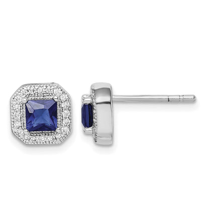 Sterling Silver Rhodium Plated Square Blue and Clear CZ Post Earrings