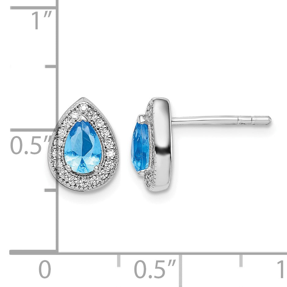 Sterling Silver Rhodium Plated Blue and Clear CZ Post Earrings