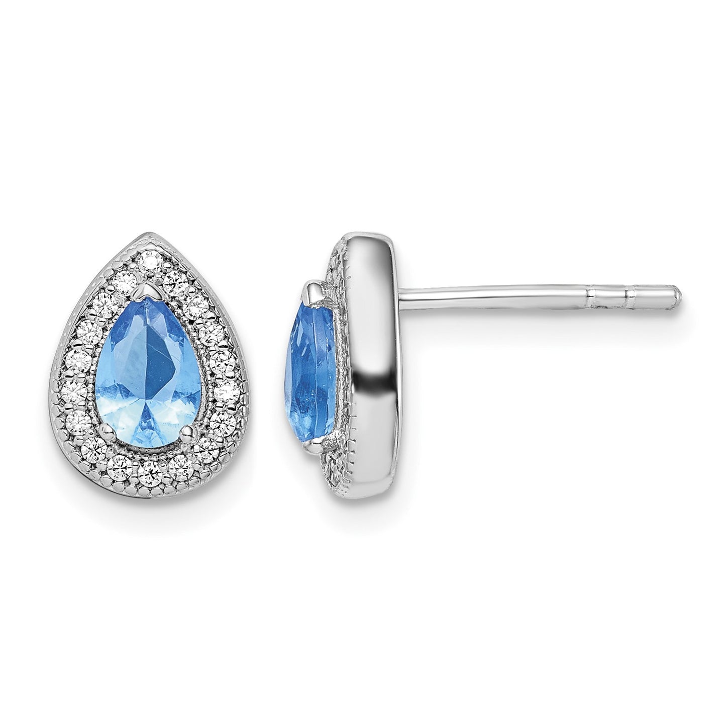 Sterling Silver Rhodium Plated Blue and Clear CZ Post Earrings