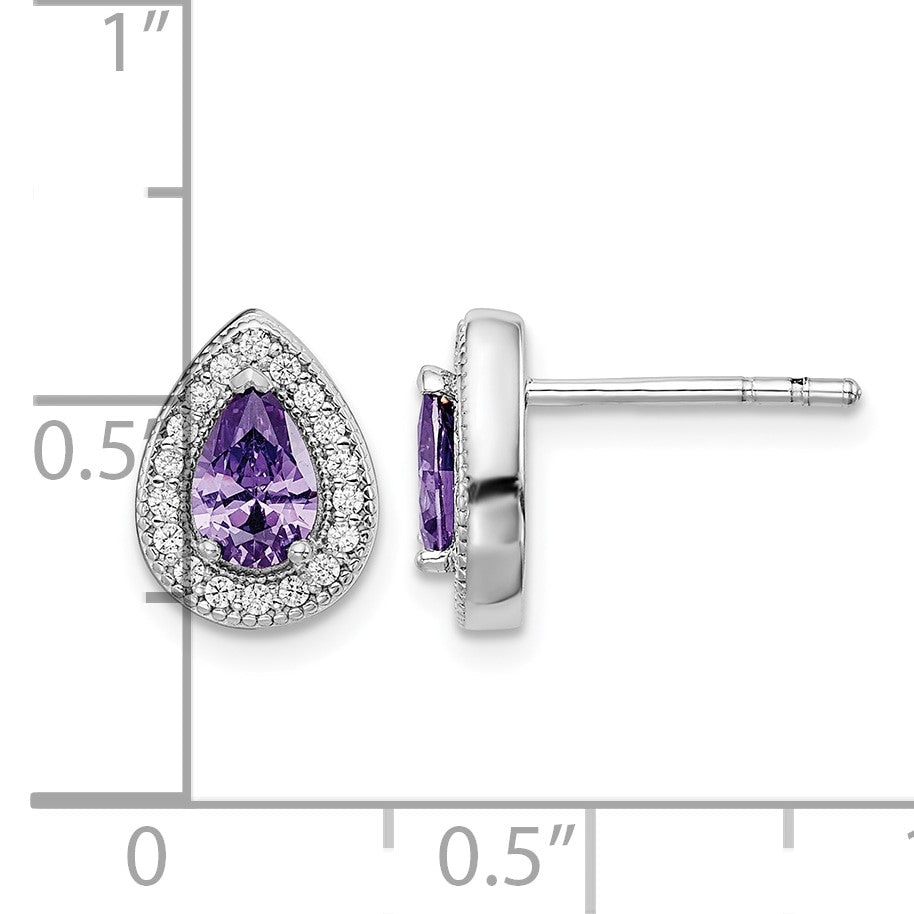 Sterling Silver Rhod Plated Purple and Clear CZ Earrings