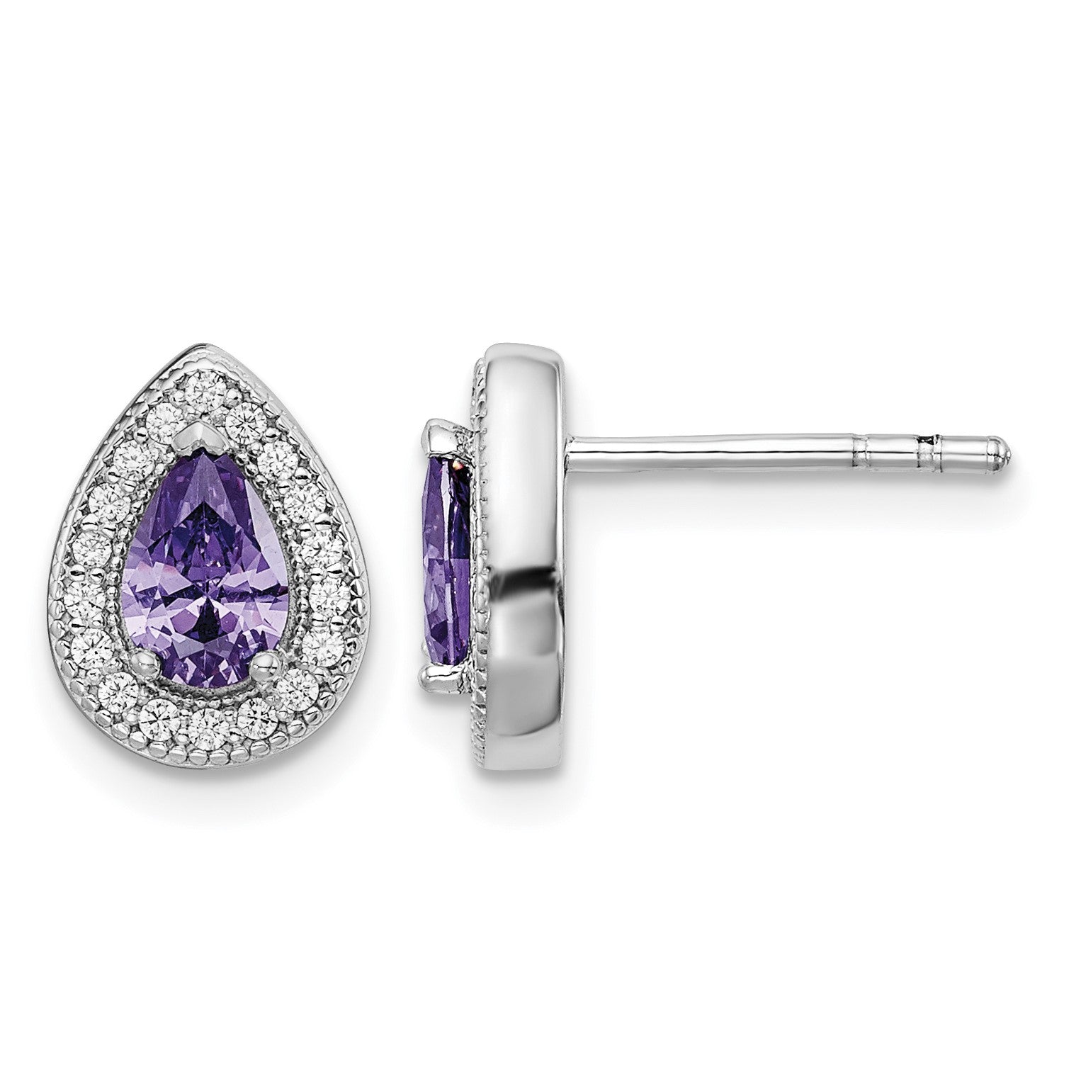 Sterling Silver Rhod Plated Purple and Clear CZ Earrings