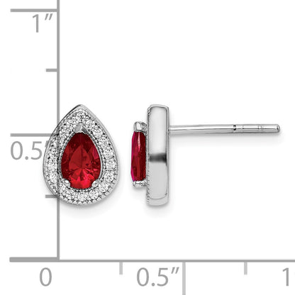Sterling Silver Rhod Plated Red and Clear CZ Post Earrings