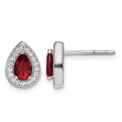 Sterling Silver Rhod Plated Red and Clear CZ Post Earrings