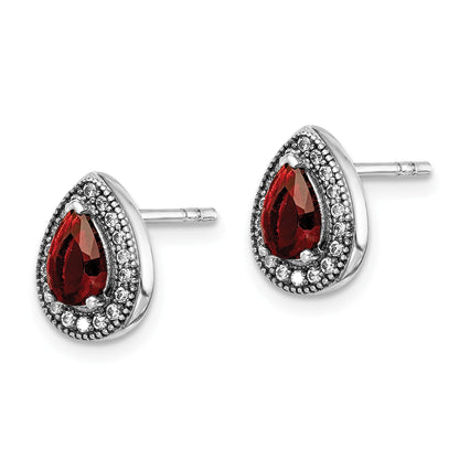 Sterling Silver Rhodium-Plated Red and Clear CZ Post Earrings
