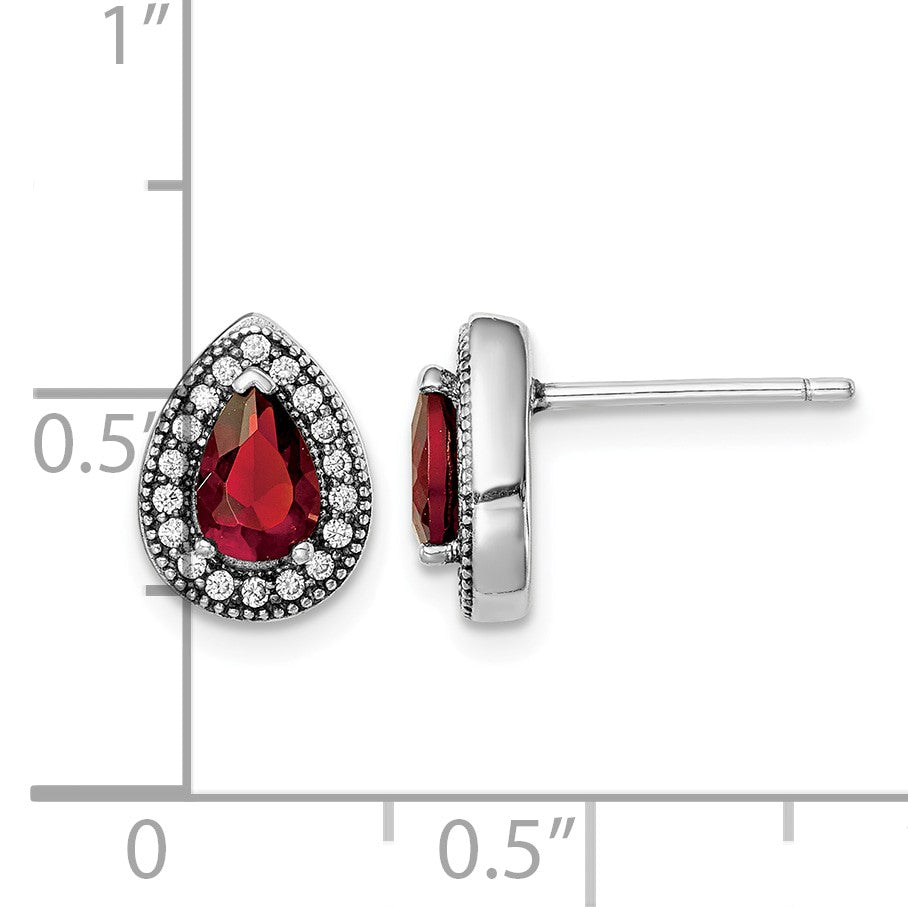 Sterling Silver Rhodium-Plated Red and Clear CZ Post Earrings