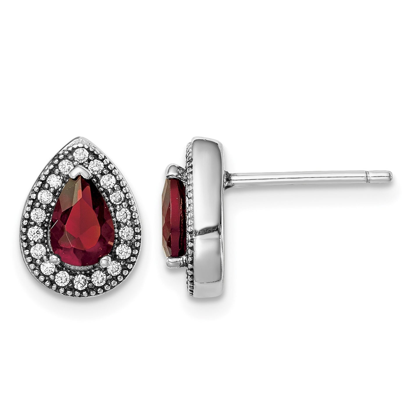 Sterling Silver Rhodium-Plated Red and Clear CZ Post Earrings