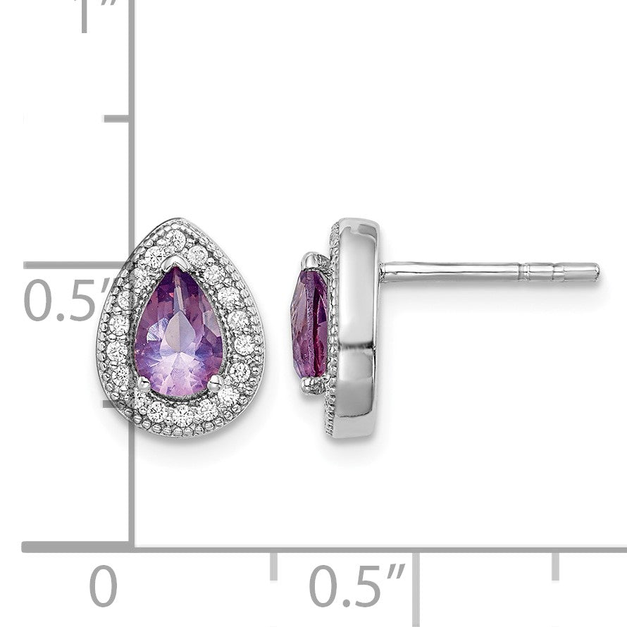 Sterling Silver Rhodium-Plated Purple and Clear CZ Post Earrings