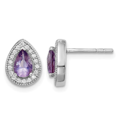 Sterling Silver Rhodium-Plated Purple and Clear CZ Post Earrings