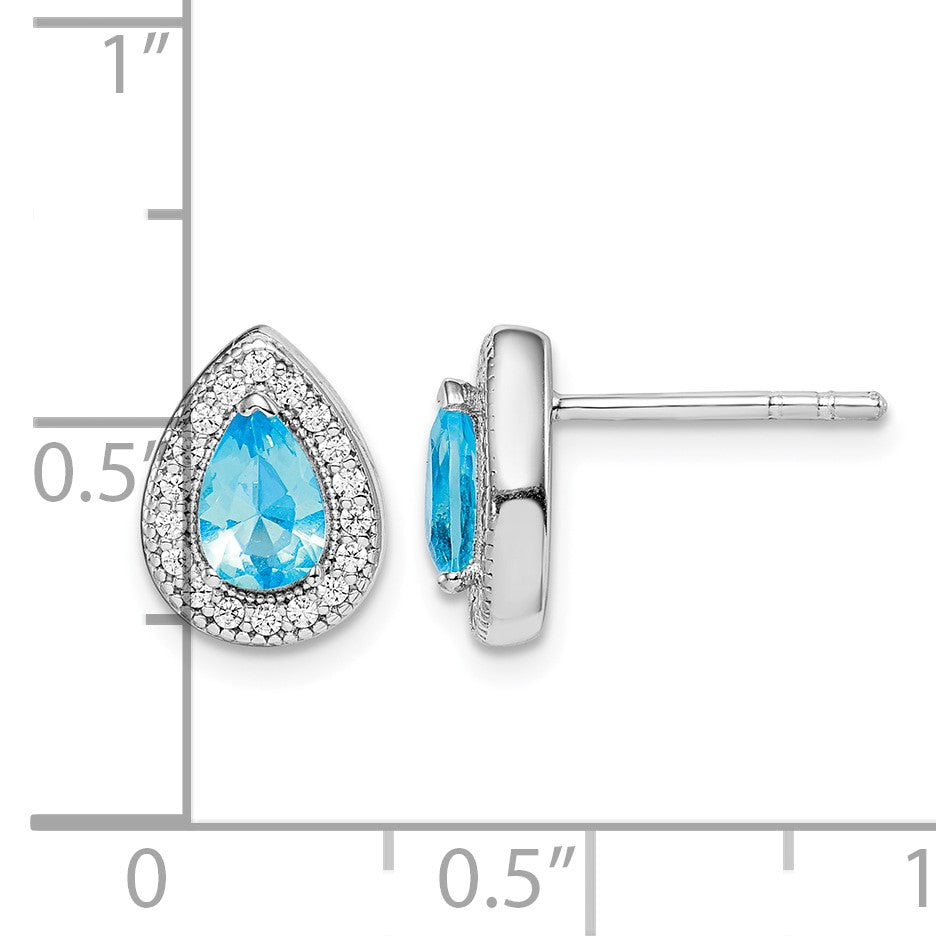 Sterling Silver Rhod Plated Blue and Clear CZ Post Earrings