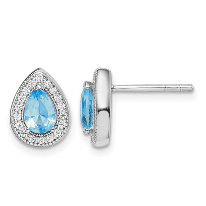 Sterling Silver Rhod Plated Blue and Clear CZ Post Earrings