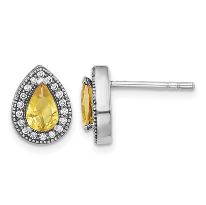 Sterling Silver Rhodium-Plated Yellow and Clear CZ Post Earrings