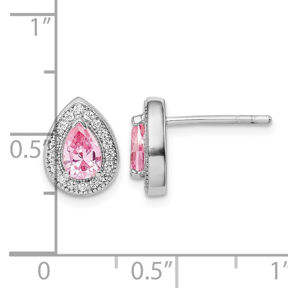 Sterling Silver Rhodium Plated Pink and Clear CZ Post Earrings