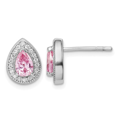 Sterling Silver Rhodium Plated Pink and Clear CZ Post Earrings