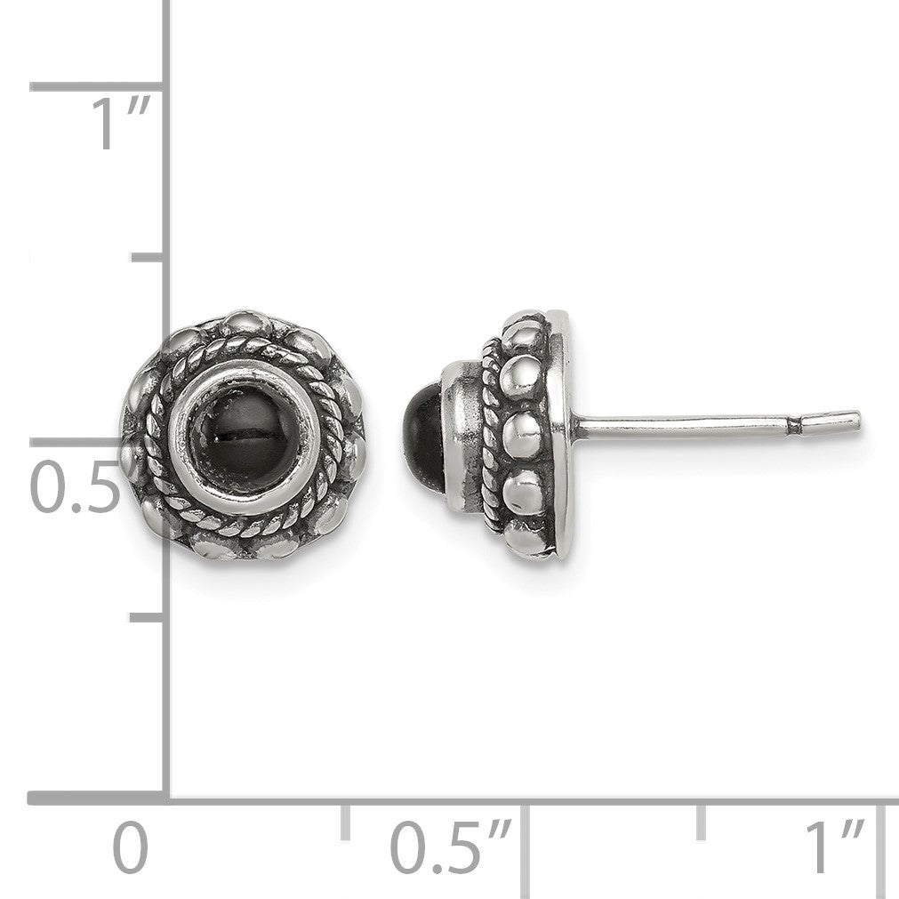 Sterling Silver Polished & Antiqued Textured Onyx Round Post Earrings