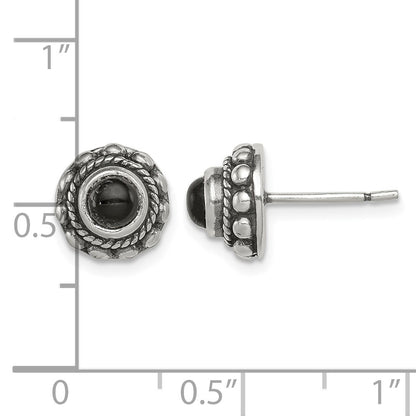 Sterling Silver Polished & Antiqued Textured Onyx Round Post Earrings