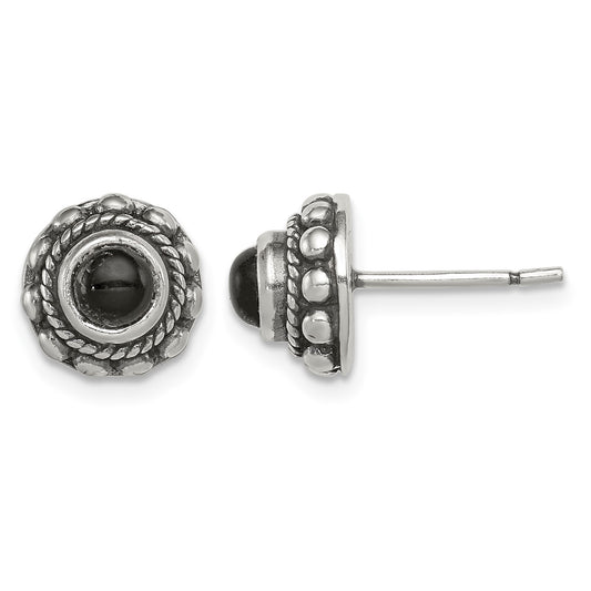 Sterling Silver Polished & Antiqued Textured Onyx Round Post Earrings