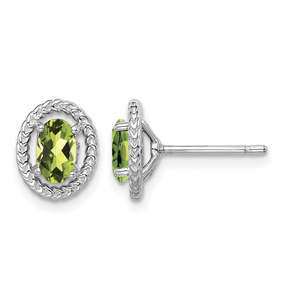 Sterling Silver Rhod-plat Peridot Oval Post Earrings