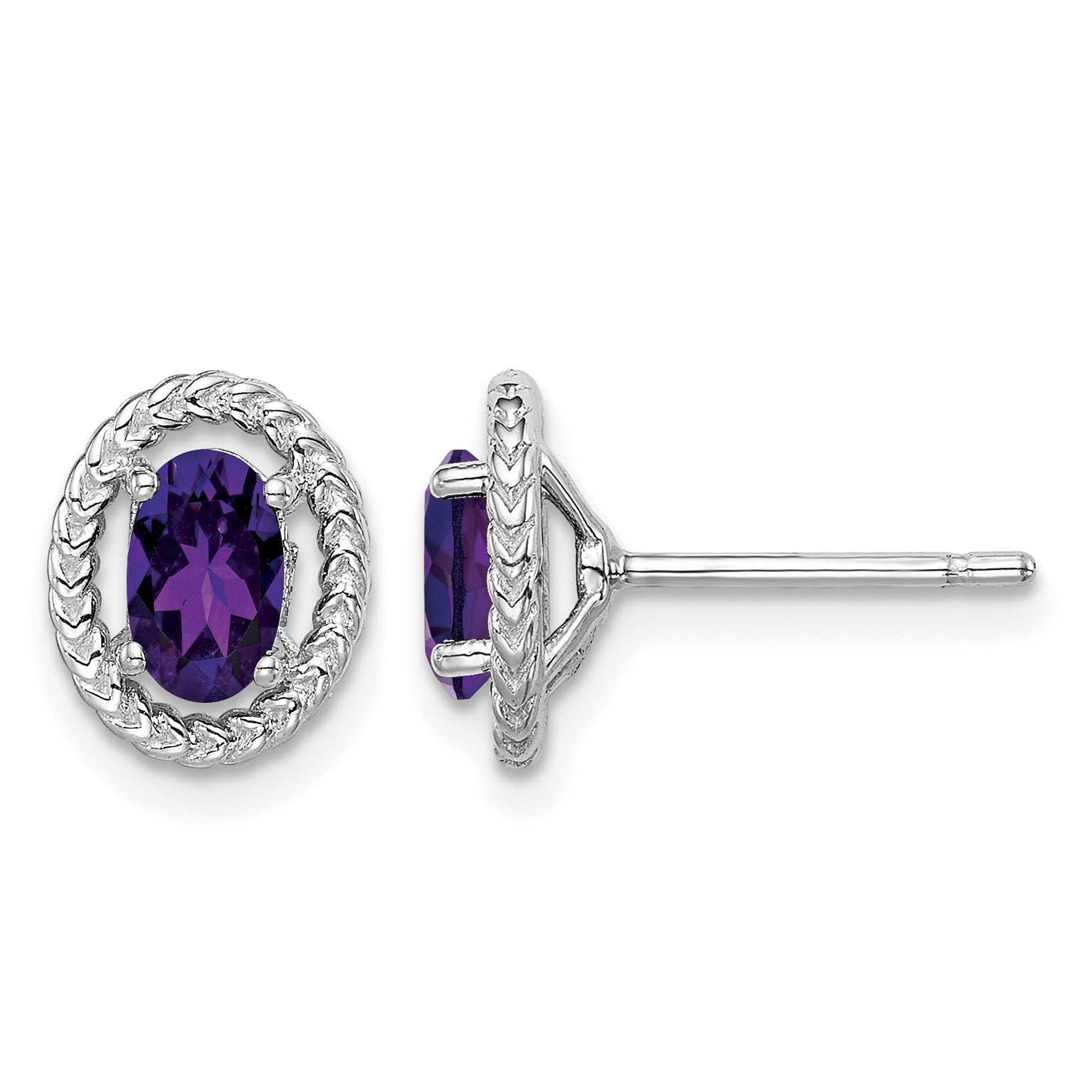 Sterling Silver Rhod-plat Amethyst Oval Post Earrings