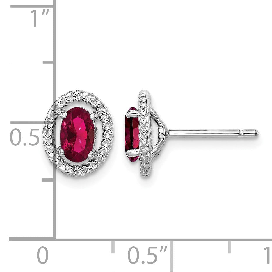 Sterling Silver Rhod-plat Created Ruby Oval Post Earrings