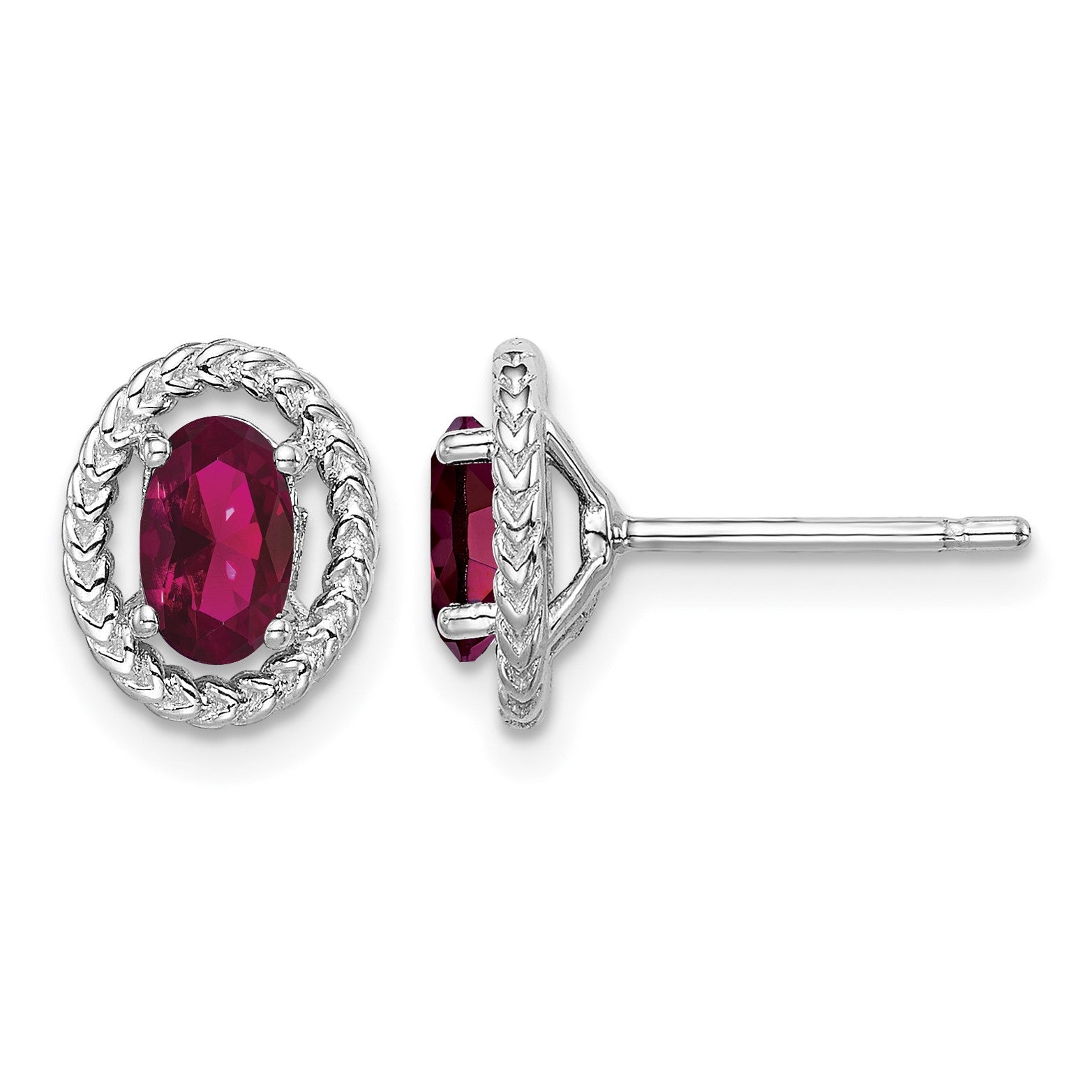 Sterling Silver Rhod-plat Created Ruby Oval Post Earrings
