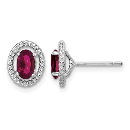 Sterling Silver Rhod-plat Created Ruby Oval Post Earrings