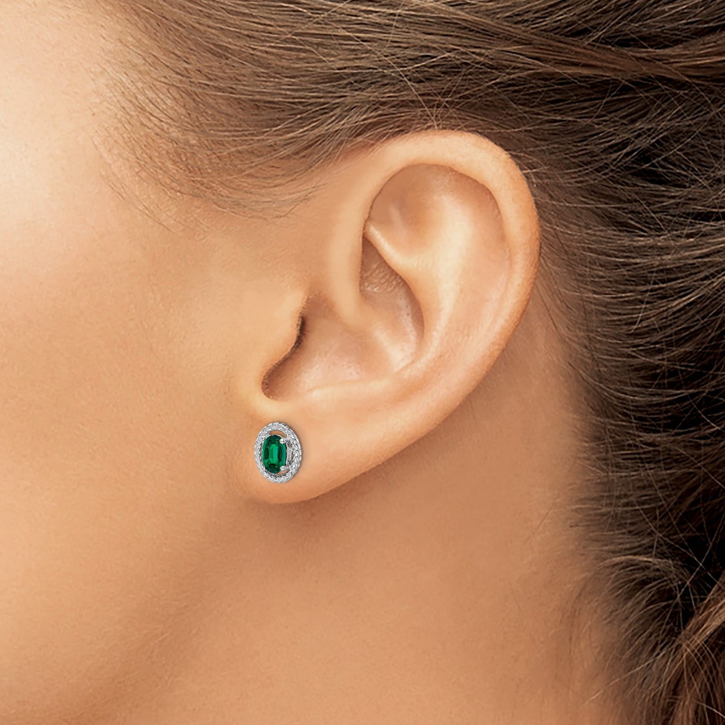 Sterling Silver Rhod-plat Created Emerald Oval Post Earrings