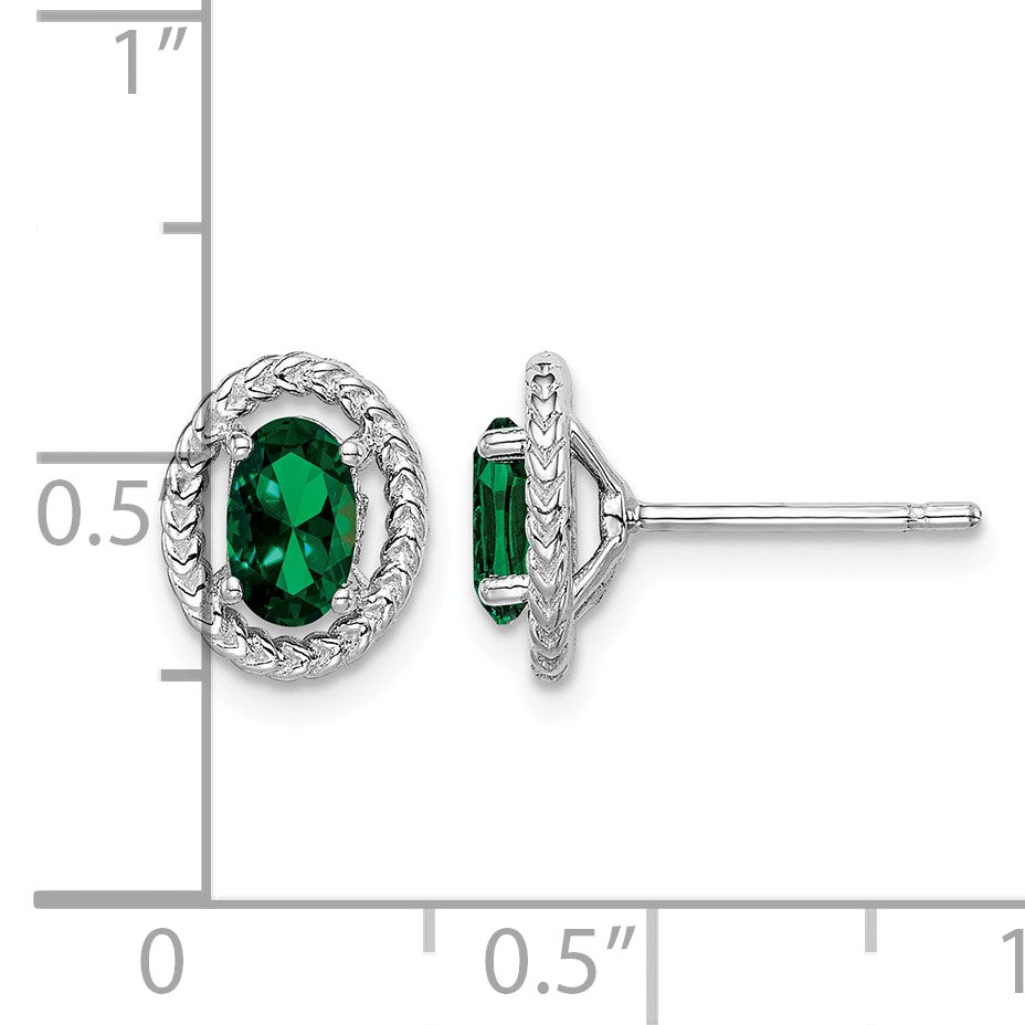 Sterling Silver Rhod-plat Created Emerald Oval Post Earrings