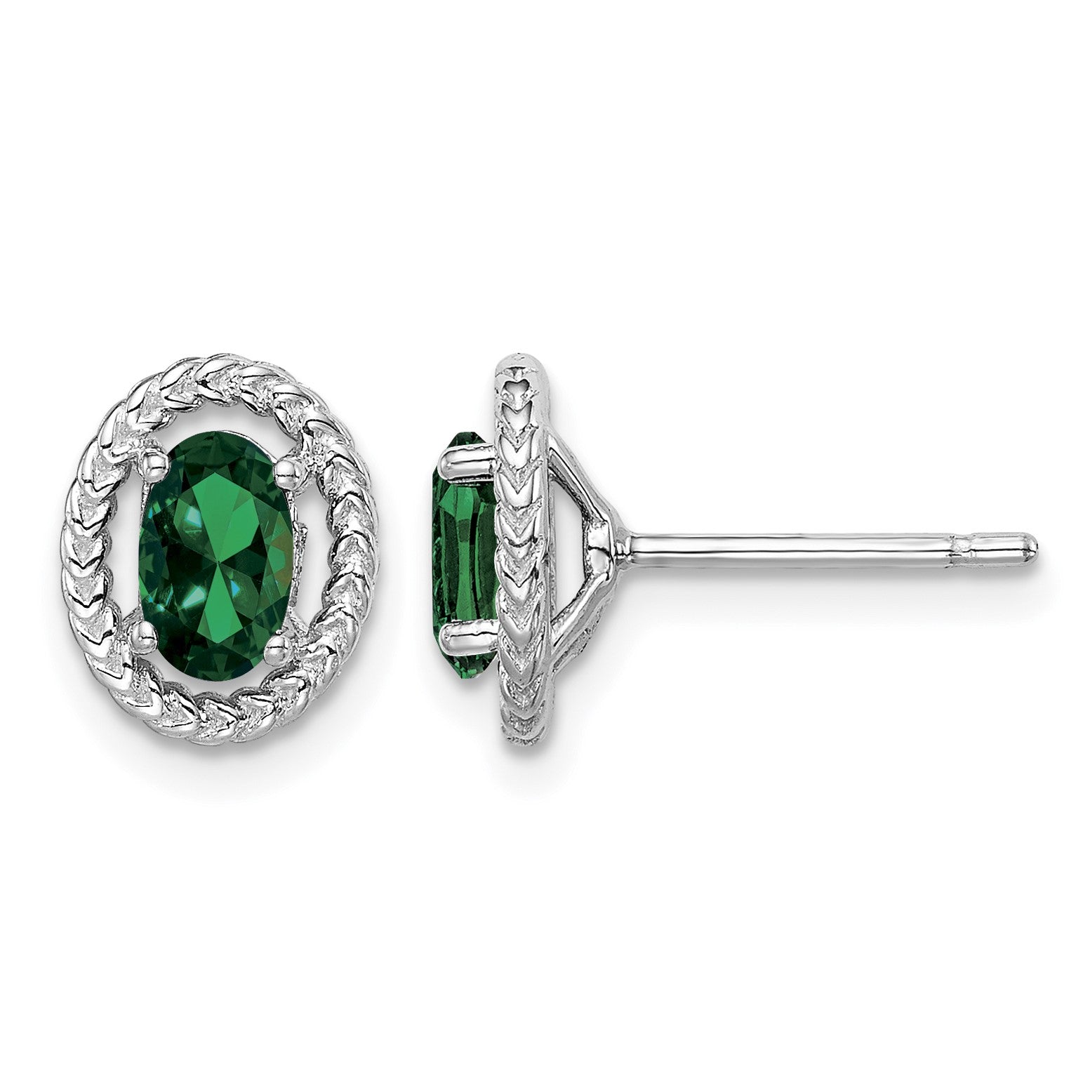 Sterling Silver Rhod-plat Created Emerald Oval Post Earrings