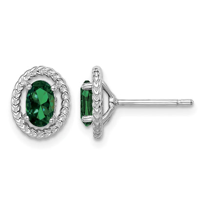 Sterling Silver Rhod-plat Created Emerald Oval Post Earrings