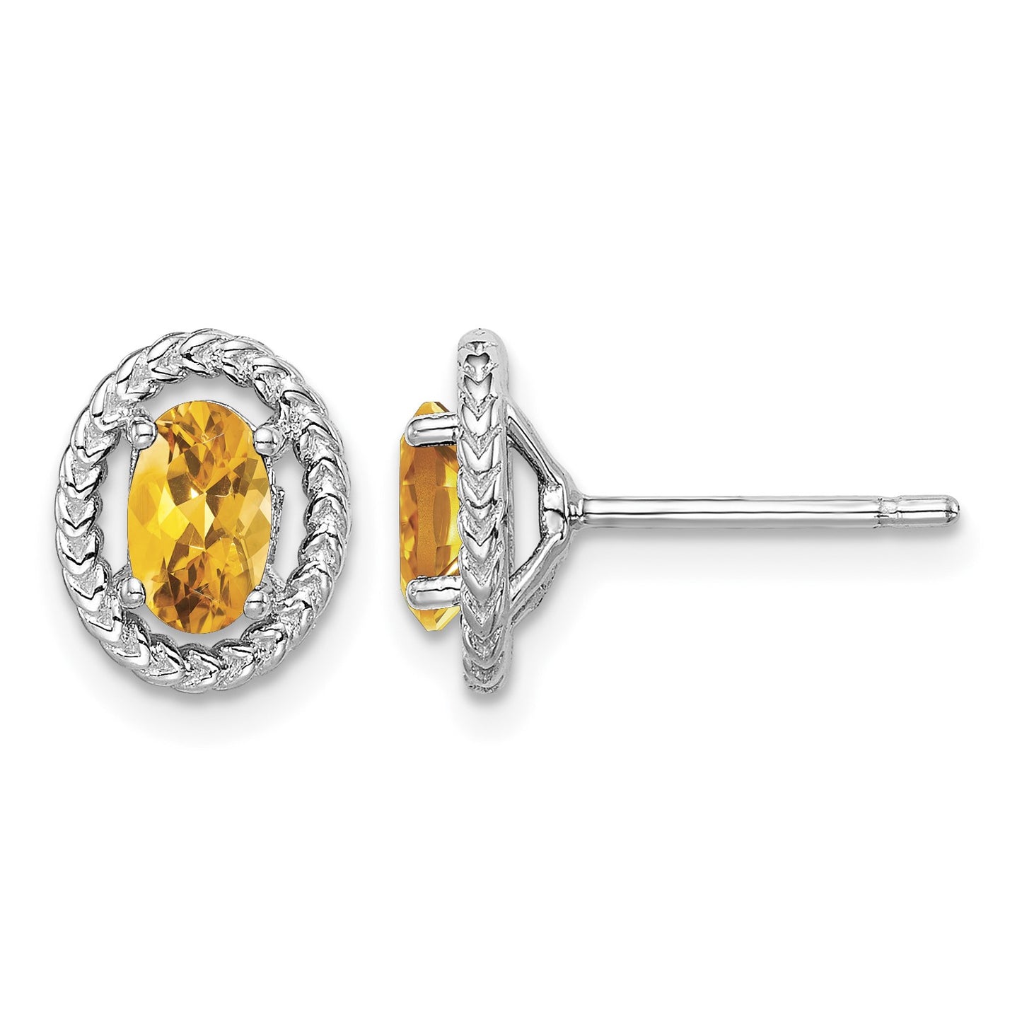 Sterling Silver Rhod-plat Citrine Oval Post Earrings