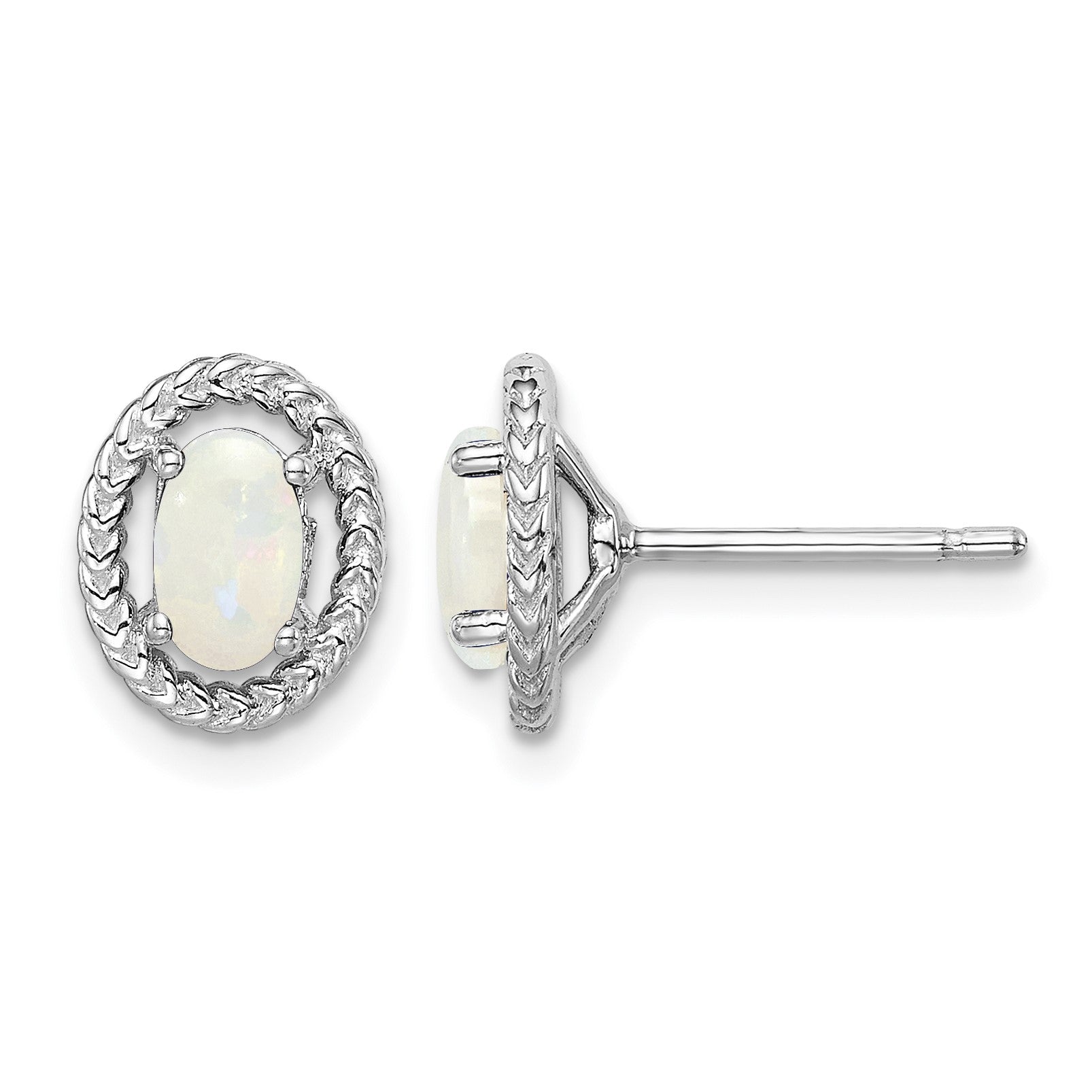 Sterling Silver Rhod-plat Milky Opal Oval Post Earrings