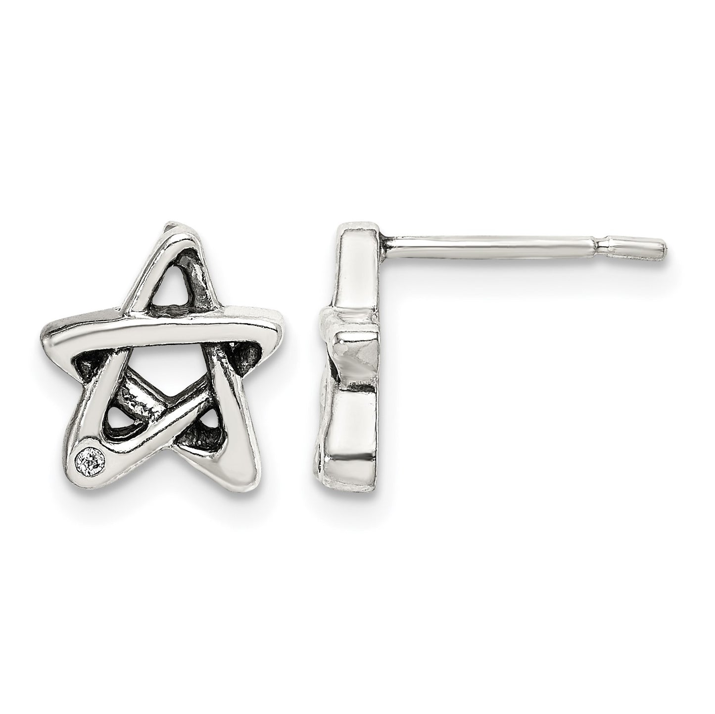 Sterling Silver CZ Antiqued Star Earrings