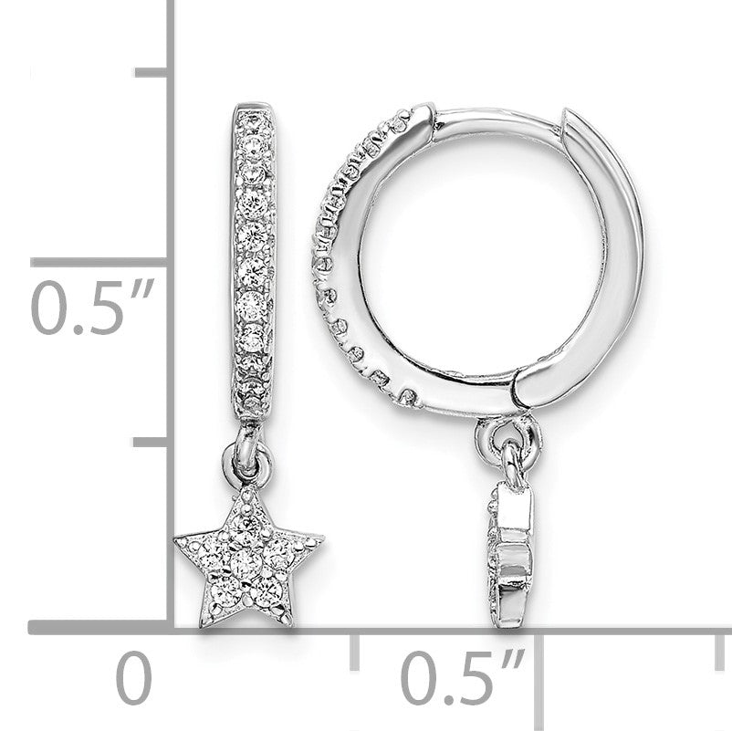 Sterling Silver Rhodium-Plated CZ Hoops with Star Dangle Earrings