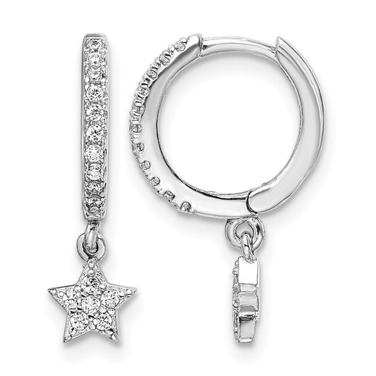 Sterling Silver Rhodium-Plated CZ Hoops with Star Dangle Earrings