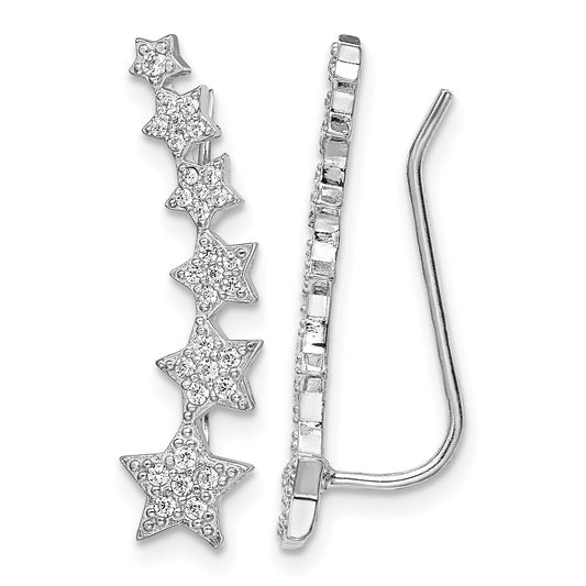 Sterling Silver Rhodium-plated Graduating CZ Stars Ear Climber Earrings