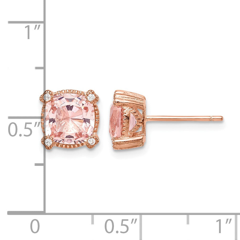 Sterling Silver Rose-tone Polished Textured Pink Crystal & CZ Post Earrings